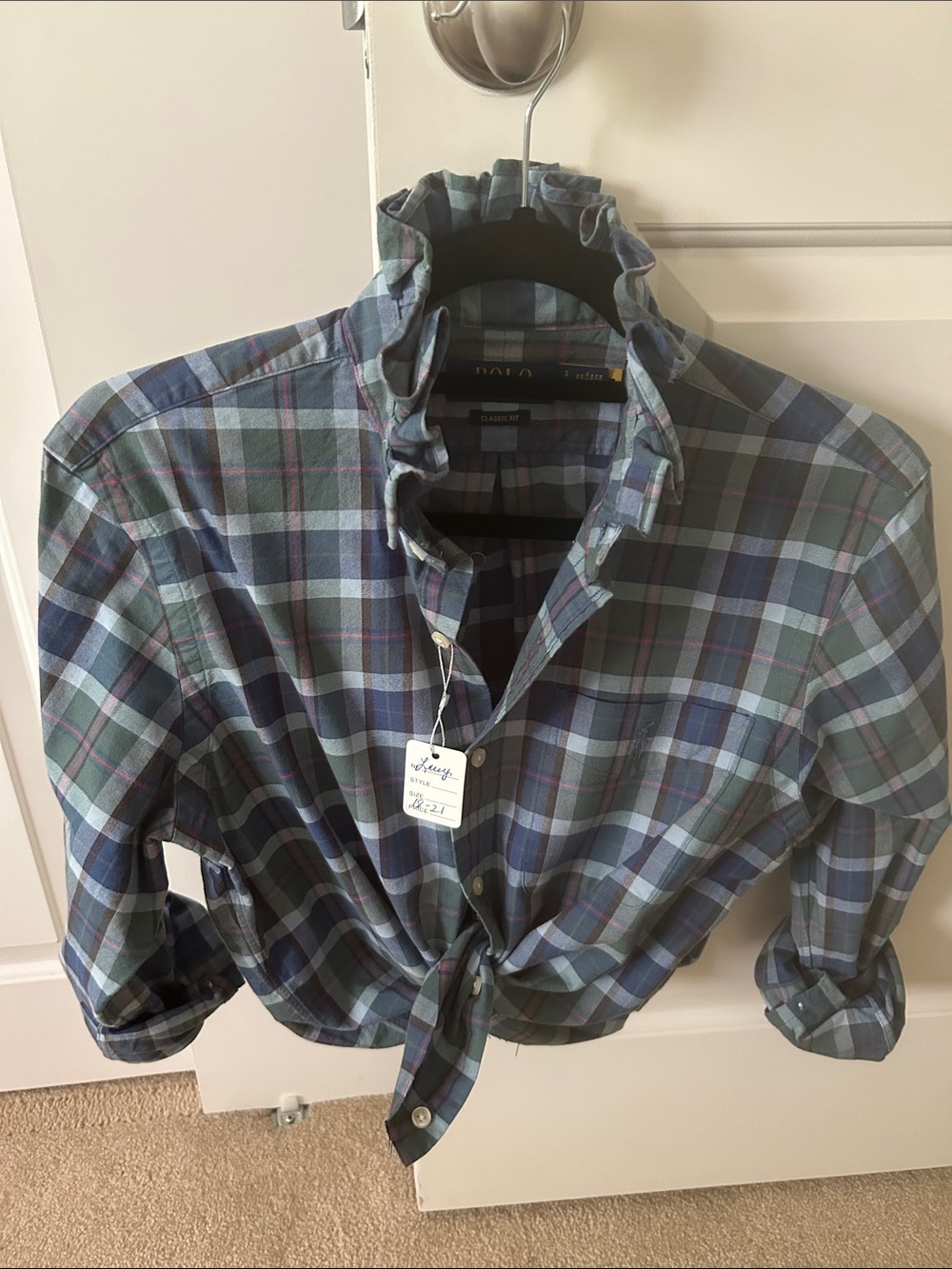 Ralph Lauren  Plaid  men’s shirt recreated to a woman’s feminine ruffled shirt.